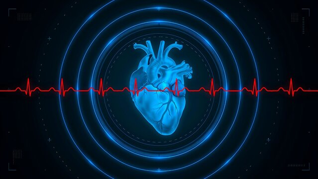 Title:
Human heart with glowing heartbeat waveform in futuristic medical technology illustration