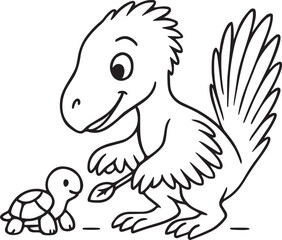 Fototapeta premium Cute dinosaur feeding a turtle coloring page, black and white outline, part of dinosaur daily activities coloring set