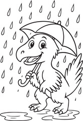 Obraz premium Cute dinosaur with umbrella in the rain coloring page, black and white outline, part of dinosaur daily activities coloring set