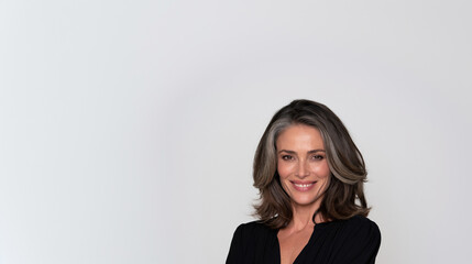 Obraz premium beautiful mature woman portrait with elegant gray highlights and natural smile, stylish female model with voluminous brunette hair isolated on white background