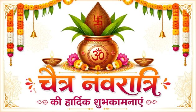 Happy Summer Navratri festival" Indian text for Ram Navmi Kalash puja, mangal kalash sthapana background. Traditional festival of Indian hindu