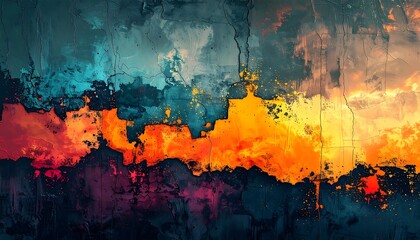 Fototapeta premium Vibrant abstract geometric painting background with textured colorful block shapes and dark modern creative art composition