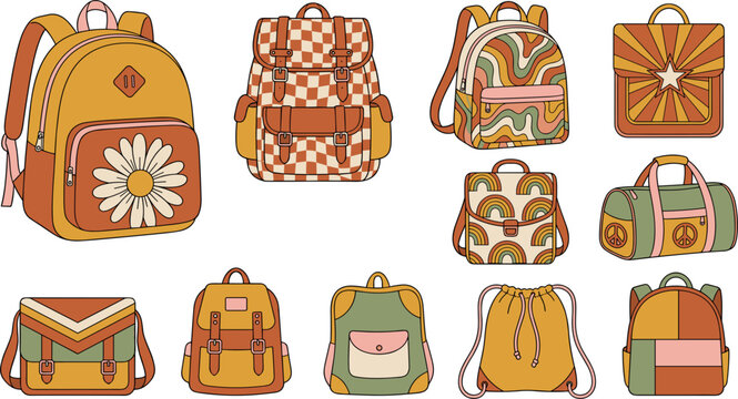 Groovy Retro Backpack and School Bag Vector Icon Set Featuring Seventies Style Daisies, Checkerboard Patterns, Rainbows, and Peace Sign Duffle Elements