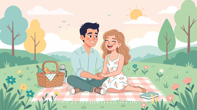 Man proposing marriage with ring box to surprised happy woman during picnic in park under tree, romantic engagement moment surrounded by flowers and nature.