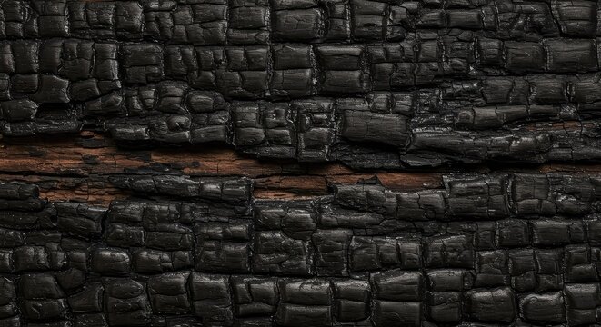 Extreme close-up of deeply charred wood texture creating a dark, rough background surface heavily damaged by heat and fire ,overlay ,close-up ,timber