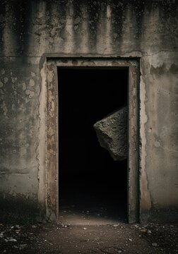 Impenetrable barrier sealing an old, forgotten doorway. Access is completely denied by solid concrete blocking the passage ,architecture ,cement ,ending