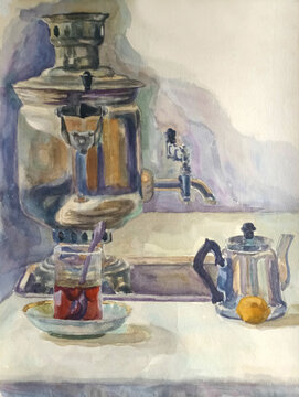 Vintage-style watercolor illustration of a traditional samovar and teapot on a table, with a glass of black tea and fresh lemon slice. Perfect for tea culture and cozy home decor projects.