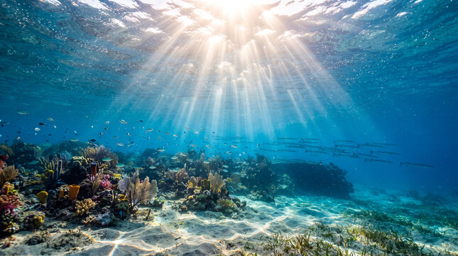 Arrecife de coral iluminado por rayos de sol bajo aguas cristalinas. Peces tropicales nadan sobre un fondo de arena, creando una escena marina serena y vibrante.