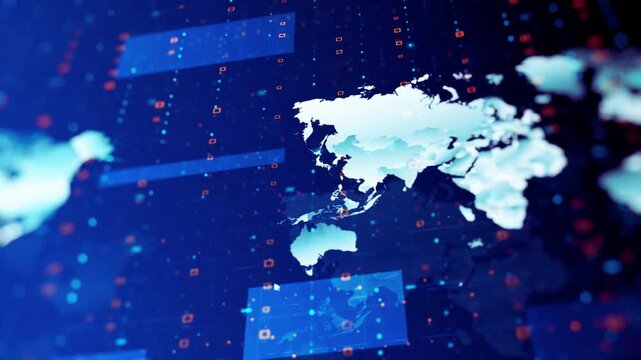 World map data visualization with glowing blue nodes and digital information flow