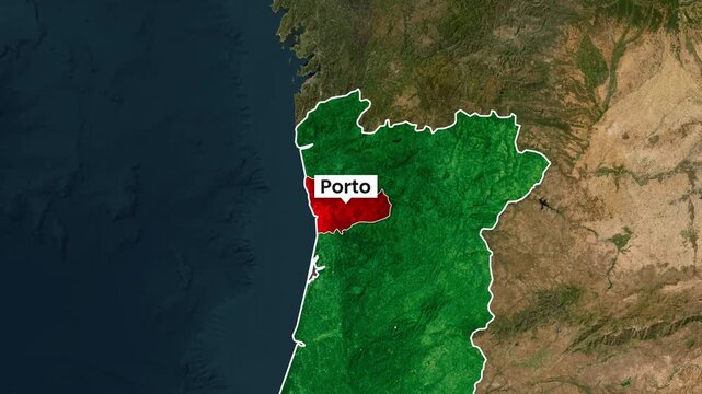 Porto highlighted region on animated Portugal map motion footage clip