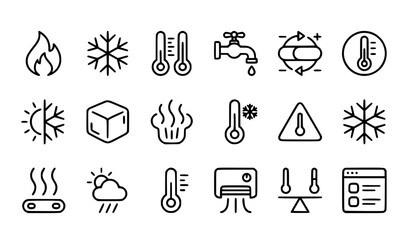 Fototapeta premium Hot and Cold Outline Icon Pack with Temperature Heat Cooling and Weather Line Symbols