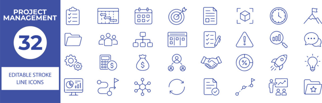 32 Project Management Vector Outline Icons Set,Planning, Tasks, Workflow, Team Collaboration and Business Process Line Symbols Collection