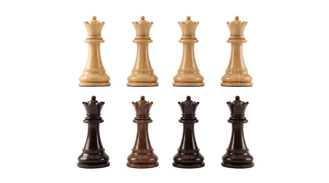 Eight unique high quality queen chess pieces crafted from diverse materials like polished gold marble wood bronze and dark plastic arranged in a neat grid showcase luxury and strategic gameplay design
