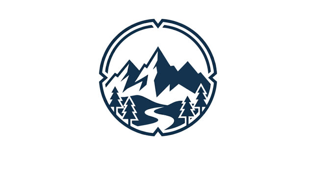 Minimalist mountain logo design with pine trees and river.