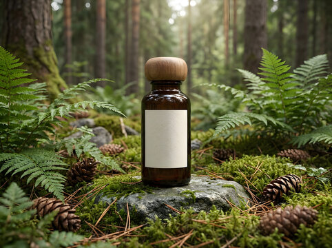 Amber glass cosmetic bottle mockup with wooden cap in north america coniferous forest.