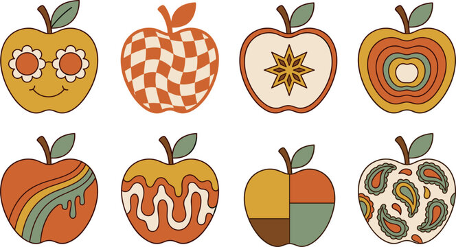 Groovy Retro Apple Fruit Vector Icon Set Featuring Seventies Style Checkerboard Patterns, Rainbow Waves, Smiling Daisy Glasses, and Psychedelic Paisley Designs