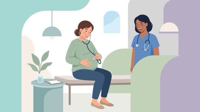 Pregnant Woman Medical Check-up with Nurse, Prenatal Care Illustration