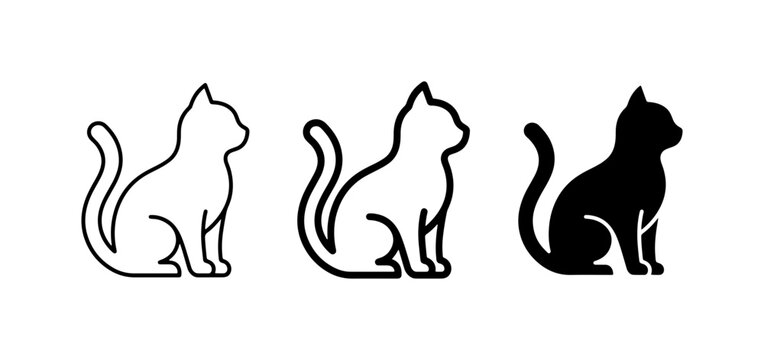 Sitting Cat Icons, Vector Silhouettes, Simple Line Art, Black and White Pet Graphics