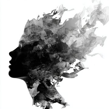 Abstract Black and White Woman Silhouette Double Exposure with Ink Splash and Smoke Isolated on White Background