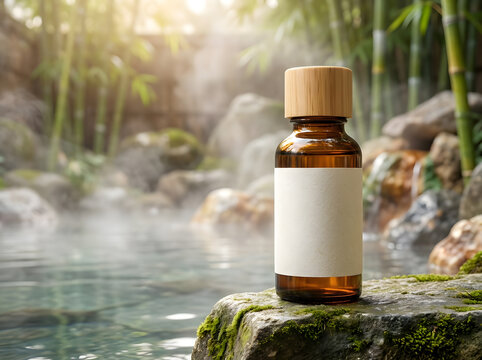 Amber serum bottle mockup with bamboo and steam in north america wellness retreat spa.
