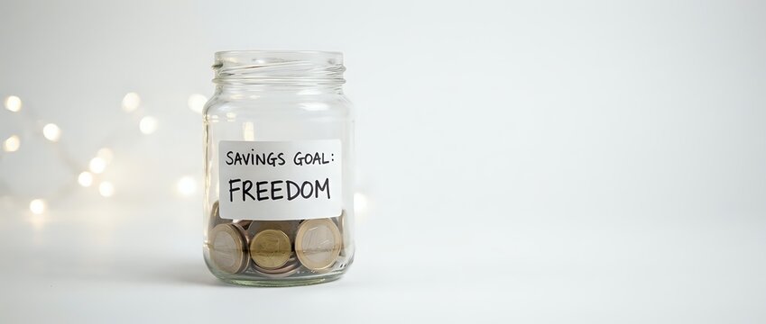 Clear glass jar filled with coins labeled "Savings Goal Freedom" against soft bokeh background, representing financial planning and money accumulation.