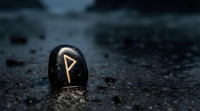 Black stone rune with golden Fehu symbol on dark sand, representing ancient Norse divination, mysticism, and spiritual practices for occult and esoteric designs.