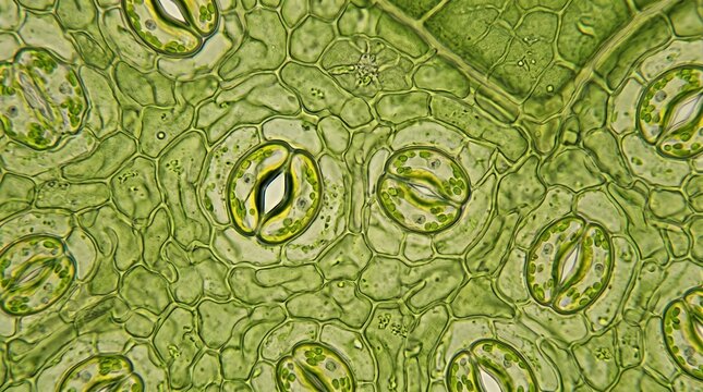 Microscopic view of leaf stomata guard cells and plant tissue cellular structure
