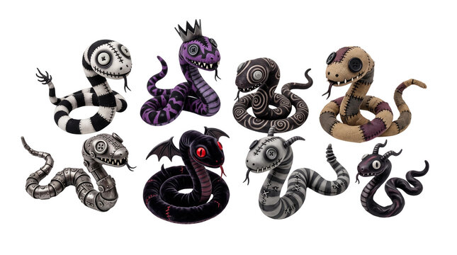 Collection of stylized gothic snakes with button eyes and stitched fabric textures featuring diverse mystical patterns and dark fantasy designs crafted in a unique puppet aesthetic showcased in a cris