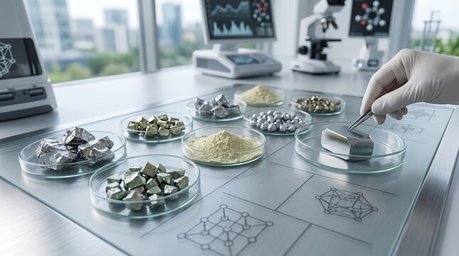 A scientist in a laboratory uses tweezers to pick up a metal sample from a glass petri dish. rare earth metals