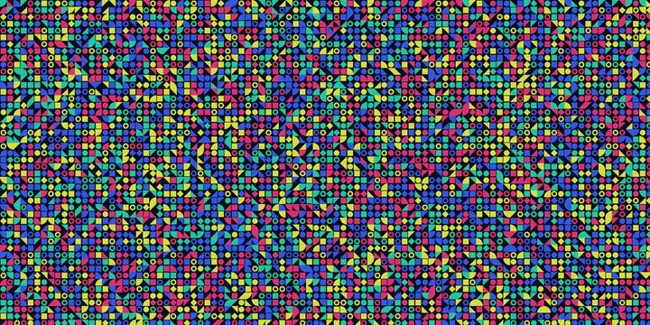 Colorful geometric pattern mosaic with squares circles and triangles in bright colors.