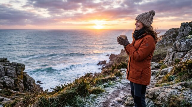 A woman drinks hot coffee on a rocky cliff overlooking the sea during a beautiful sunrise.