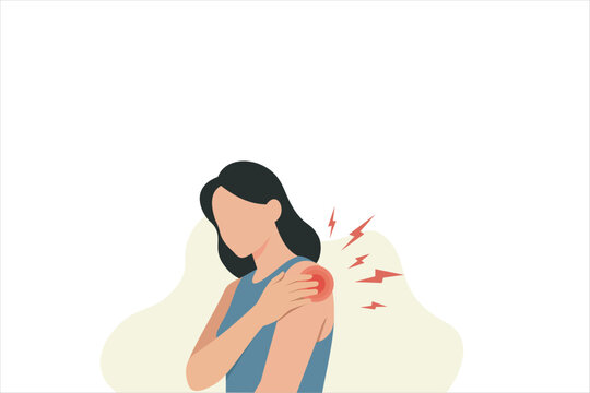 Woman suffering from shoulder pain, holding injured arm with highlighted inflammation. Flat vector illustration for muscle injury, healthcare, orthopedic, and wellness concepts.