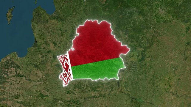 Belarus Map Highlight with Animated Flag Pin on World Satellite Map