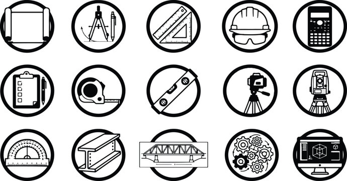 Collection of engineering and construction icons for design and building projects