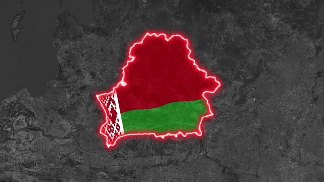Belarus Map Highlight with Glowing Red Border on Black and White Satellite Map