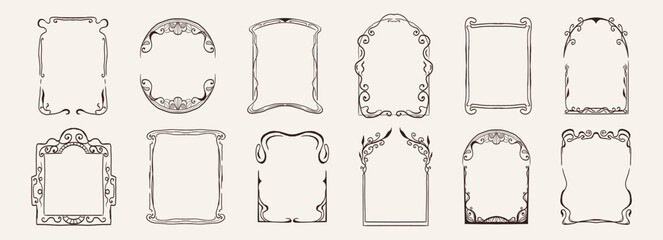 Art nouveau frame set with ornate botanical flourishes and decorative borders. Collection elegant vintage ornaments featuring elegant vines, floral emblems, and deco style ornamental elements © Alyona