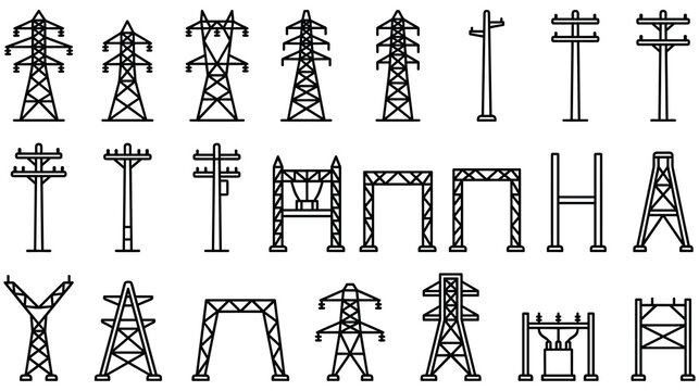 High voltage power line transmission tower icon set on white backdrop.