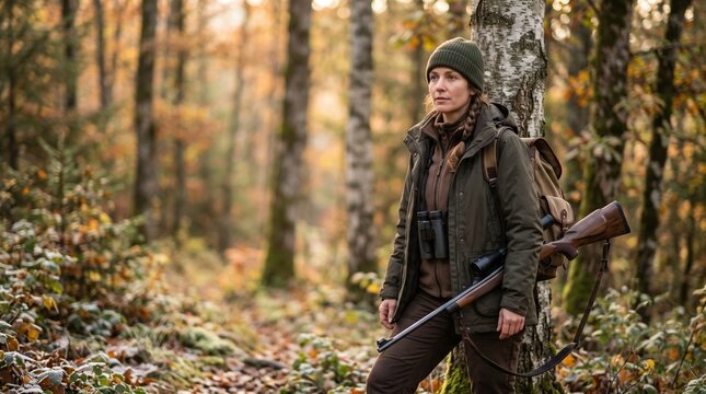 An adult woman hunter stands in a forest holding a rifle and binoculars during the autumn season.