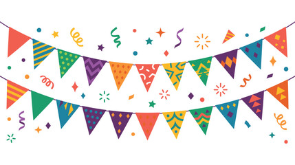 Obraz premium Colorful party pennant banner and confetti festive decoration vector background.