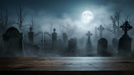 Fototapeta premium Empty wooden table in a spooky graveyard at night with a full moon