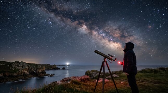 Person observing milky way with telescope on rocky coast under starry night sky.