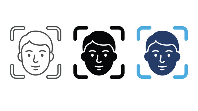 Face recognition icon set. Biometric identification and facial scanning vector symbols.