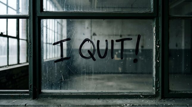 Emotional resignation message written on a dirty window of an abandoned office, concept of professional resignation and the great resignation movement in a gritty industrial setting.