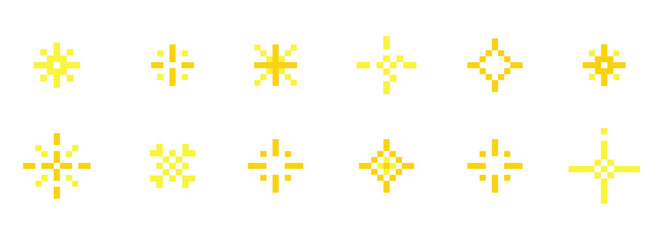 Obraz na płótnie Canvas Pixel star retro 8 bit set. Pixel sparkle icons. Shiny game pixel art effect set. Firework burst, space decoration. 90s aesthetics, y2k. 
