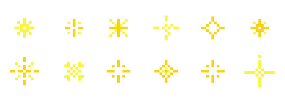 Pixel star retro 8 bit set. Pixel sparkle icons. Shiny game pixel art effect set. Firework burst, space decoration. 90s aesthetics, y2k. 