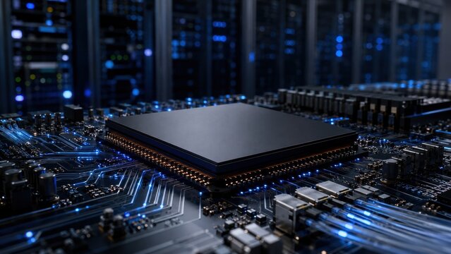 Advanced motherboard cpu microchip technology processor installed inside a high tech data center.