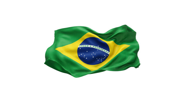 Waving flag of Brazil isolated on white. Brazilian national symbol fluttering in the wind.