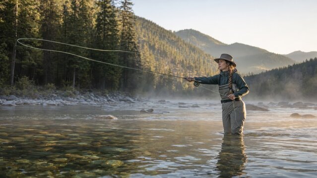 Woman fly fishing in a clear river with a mountain backdrop during a misty morning.