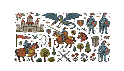 Fototapeta premium Medieval knight castle vector illustration set . Fairy tale dragon, armored soldiers, horses, shields, swords, bows, trees, flags .