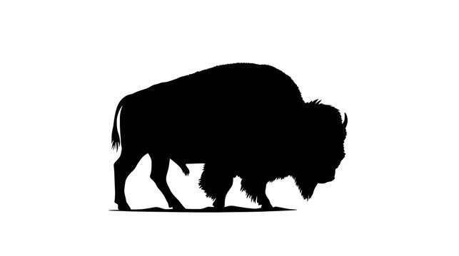 A silhouette of a bison in black, standing against a plain background
